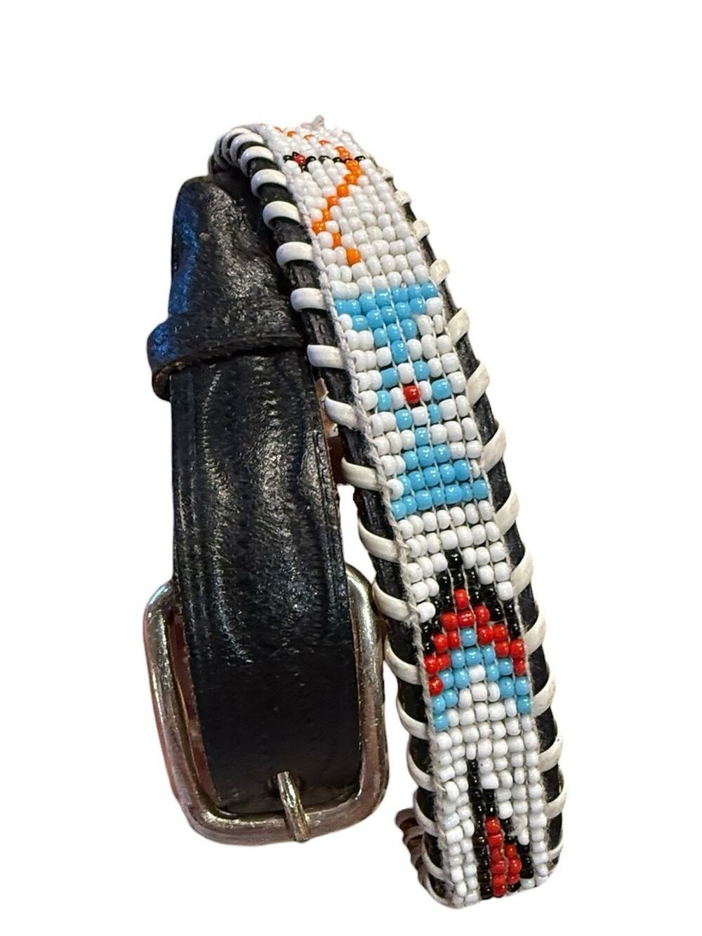 Vintage Hand Beaded Youth 28” Long Black Tooled leather Belt